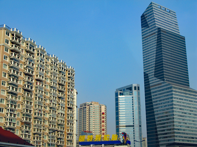 Various town buildings seen from the express way