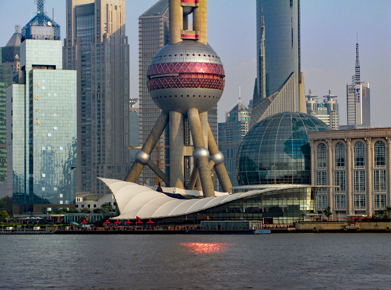 Detail view over Pudong from the Bund, with the lower part of the TV « Pearl Tower »