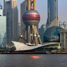 Detail view over Pudong from the Bund, with the lower part of the TV « Pearl Tower »